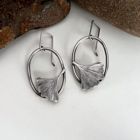 Silver Oval Ginkgo Leaf Earrings