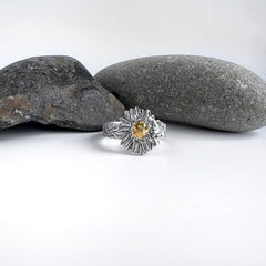Fine silver aster flower ring accented with 24k gold
