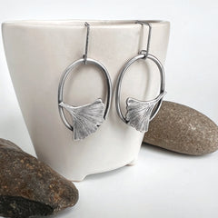 Silver Oval Ginkgo Leaf Earrings