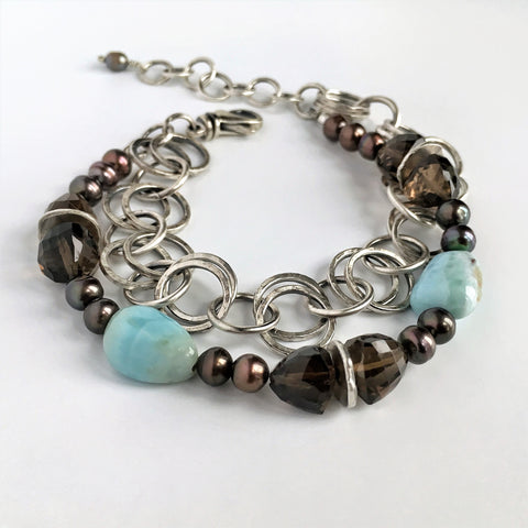 Larimar, Smokey Quartz and Silver Chain Bracelet