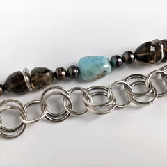 Larimar, Smokey Quartz and Silver Chain Bracelet