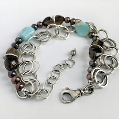 Larimar, Smokey Quartz and Silver Chain Bracelet