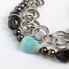 Larimar, Smokey Quartz and Silver Chain Bracelet