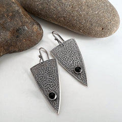 Textured Silver Triangle Earrings with Onyx