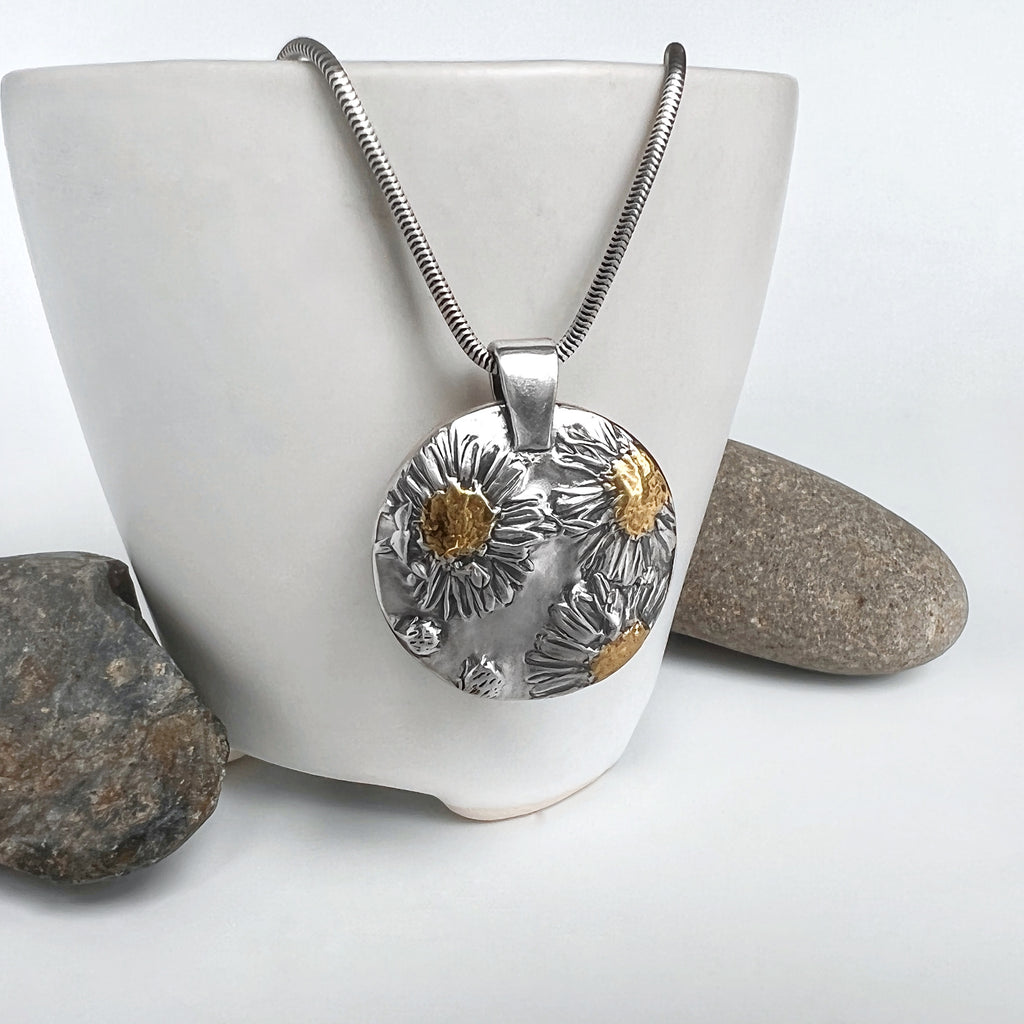 Aster Flower Pendant in Silver and Gold