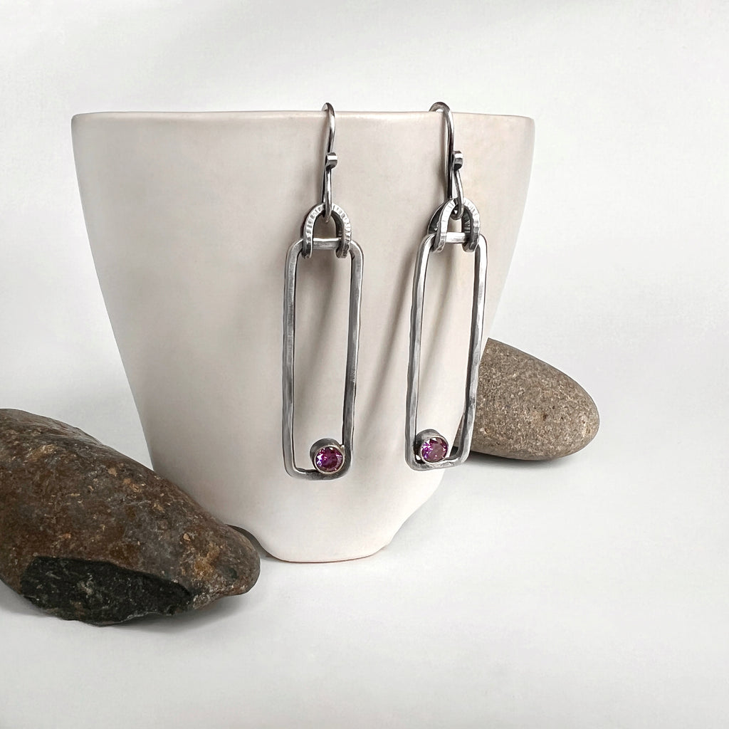 Silver Purple Rectangle Earrings