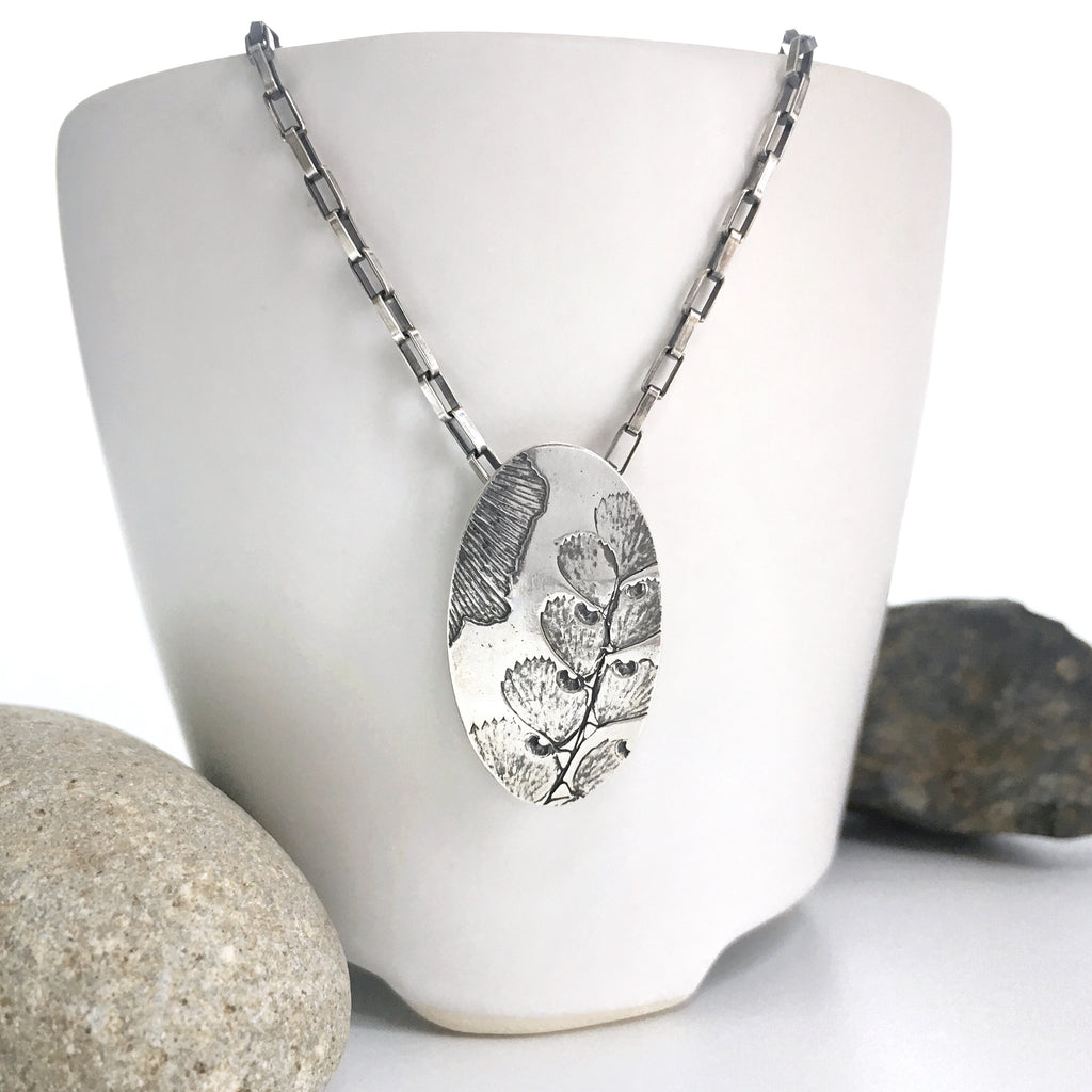 silver leaf pendant, maidenhair fern, ginkgo leaves
