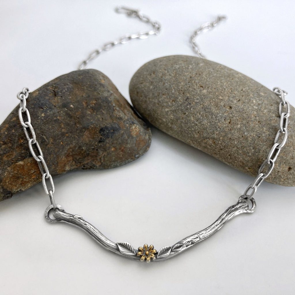 Silver Twig Necklace with Gold Flower