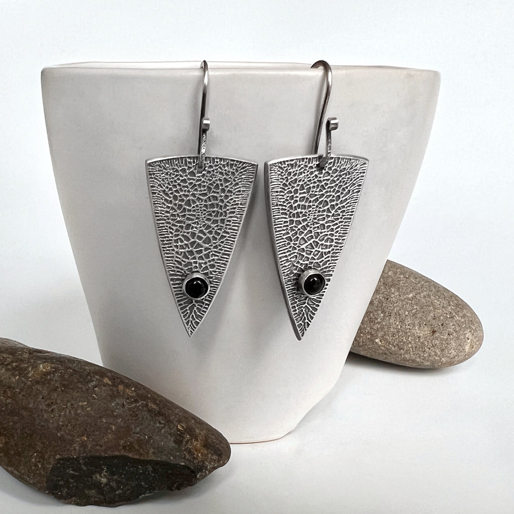 Textured Silver Triangle Earrings with Onyx